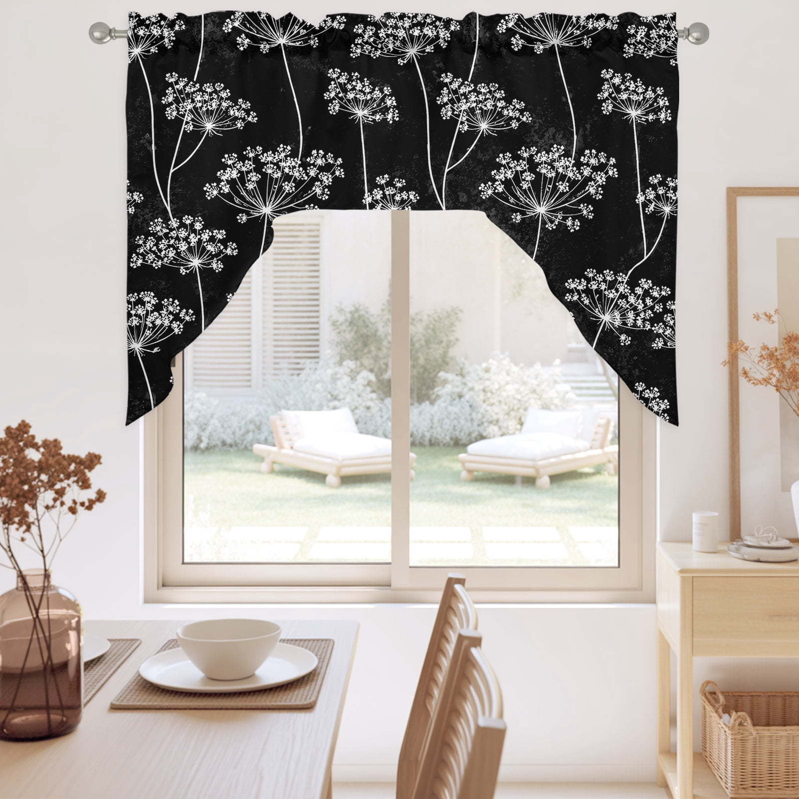Black White Umbellifer Swag Valance for Windows, Retro Rustic Flora ...