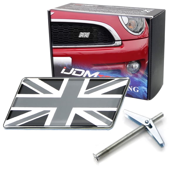 Black/White Union Jack Flag Emblem Badge w/Grille/Mesh Mount Toggle Bolt Anchor For Mini, Jaguar, Land Rover, etc