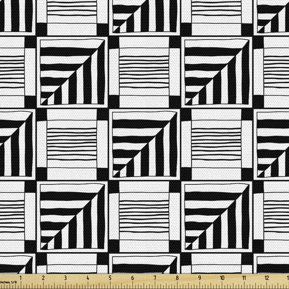 Ambesonne Black and White Fabric by the Yard Upholstery, Abstract Sqaure, 10 Yards, Black White
