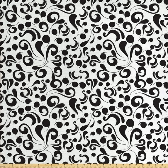 Ambesonne Black and White Fabric by the Yard Upholstery, Curly Leaf Art, 10 Yards, Black White