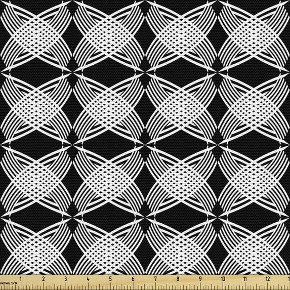 Black and White Upholstery Fabric by the Yard Intertwined Circles and Rhombuses Pattern Monochrome Curved Stripes Decorative Fabric for DIY and Home Accents by Ambesonne