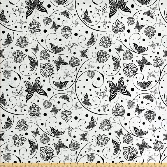 Ambesonne Black and White Fabric by the Yard Upholstery, Petal Spring Dots, 2 Yards, Black White