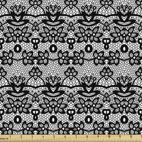 Ambesonne Black and White Fabric by the Yard Upholstery, Vintage Lace, 5 Yards, Black White