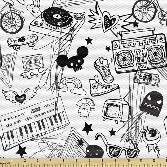 Ambesonne Black and White Fabric by the Yard Upholstery, Teenage Pattern, 1 Yard, White and Black