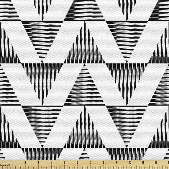 Black and White Upholstery Fabric by the Yard, Striped Triangles up and down in Scribble Style Boho Illustration, Decorative Fabric for DIY and Home Accents, 3 Yards, Black White by Ambesonne