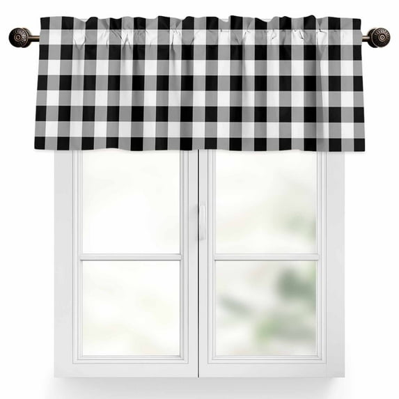 Black White Valances for Windows, 54 x 18in, Buffalo Plaid Rod Pocket Kitchen Valance Curtain Light Filtering Window Treatments for Living Room Bedroom, 1 Panel