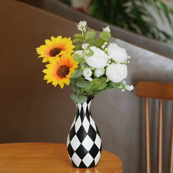 Black and White  Vase, Mid Century Modern Striped Small Vases for Flower&pampas Grass Centerpiece, Black White Checkered Vase for Dining Table Kitchen Tabletop Minimalist Decorative