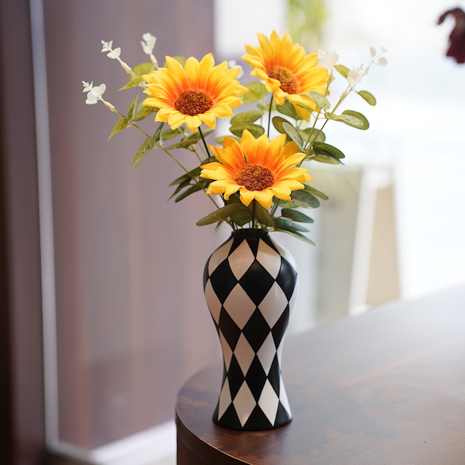 Black and White  Vase, Mid Century Modern Striped Small Vases for Flower&pampas Grass Centerpiece, Black White Checkered Vase for Dining Table Kitchen Tabletop Minimalist Decorative