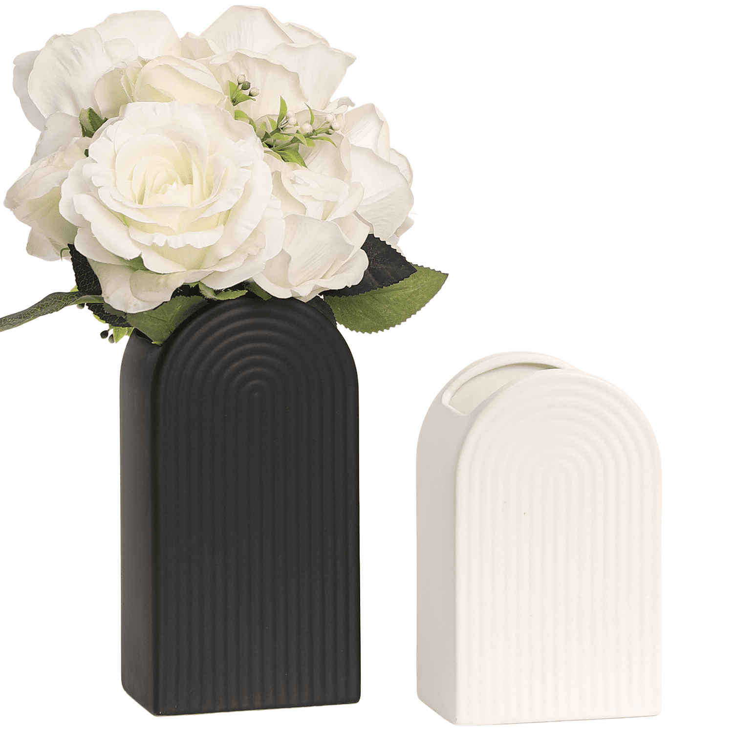 Black and White Vases, Set of 2 Ceramic Vases, 8'' Tall Black Vase and