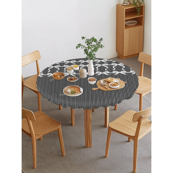 Black White Vertical Stripes Round Fitted Tablecloth with Elastic Edge, Chic White Ribbon Bows Waterproof Stretch Table Covers for 36"-44" Tables Wipeable Table Cloth for Outdoor