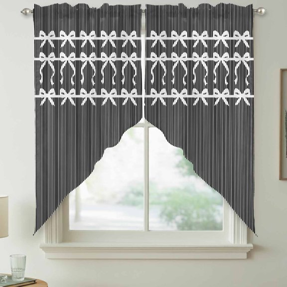 Black White Vertical Stripes Swag Kitchen Curtain Valances, Chic White Ribbon Bows Rod Pocket Curtains Window Treatment Decor Valances for Bedroom Bathroom, 2 Panels 36 x 63 Inch