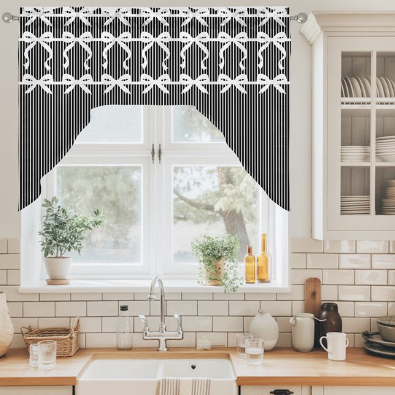 Black White Vertical Stripes Swag Valance for Windows, Chic White Ribbon Bows Swag Curtains Valances for Small Window Treatment Rod Pocket for Kitchen Bathroom 1 Panel 56x36in