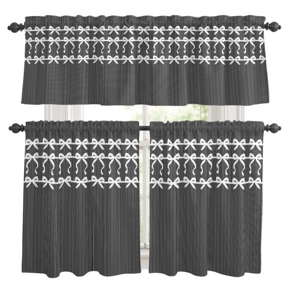 Black White Vertical Stripes Window Curtains Valance Set of 3 Chic White Ribbon Bows Rod Pocket Small Kitchen Curtain, Soft Window Treatment for Bedroom Party Holiday Decor