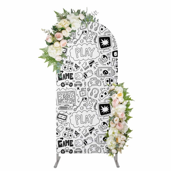 Black White Video Game Arch Backdrop Cover, Spandex Fitted Wedding Arch Cover, Console Computer Gaming Sketch Style Round Top Stand Covers for Birthday Ceremony Bridal Shower Party Decor 4x1.65 Ft