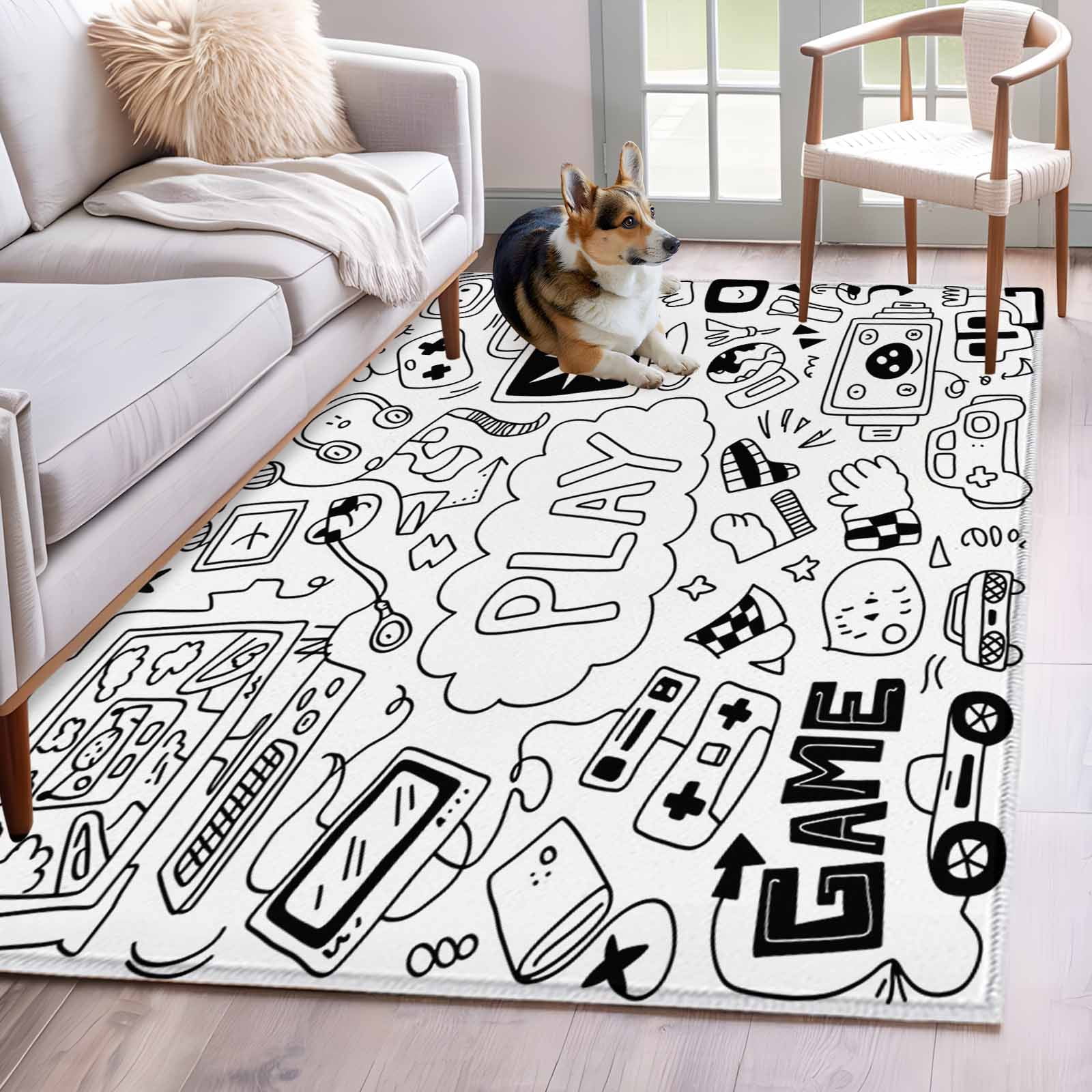 Computer Terminal Rug Black White Video Game Area Rug 4x6 FT,Non Slip Kids Room Carpet ...