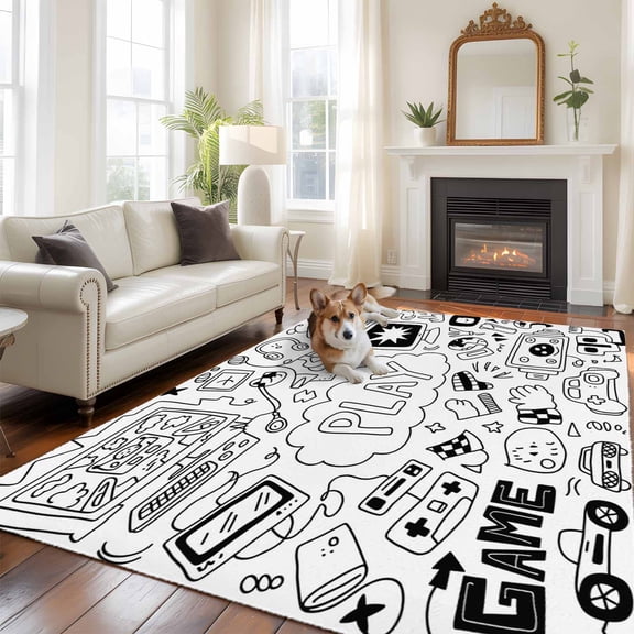 Black White Video Game Area Rug 5x8 FT, Non Slip Bedroom Throw Carpet, Console Computer Gaming Sketch Style Washable Soft Floor Carpet Non-Shedding Rug for Living Room Nursery Dorm Office