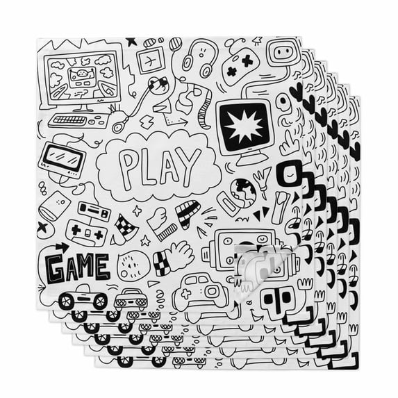Black White Video Game Cloth Napkins, Console Computer Gaming Sketch Style Washable and Reusable Dinner Napkins Set of 6, Table Napkin for Kitchen Party Birthday Wedding Hotel Housewarming 20"x20"