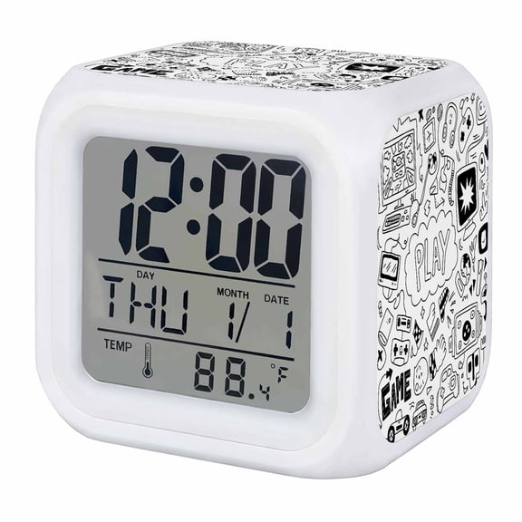 Black White Video Game Digital Alarm Clock for Bedrooms,Smart LED Alarm Clock with 7 Color Night Light,Console Computer Gaming Sketch Style Silent Wake Up Clocks for Sleep Study Cooking 3.2"x3.2"