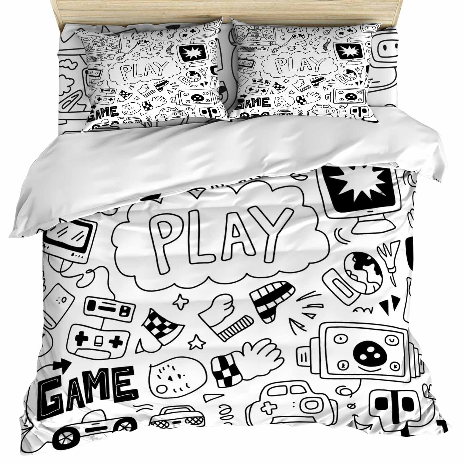 Black White Video Game Duvet Cover Set,Console Computer Gaming Sketch ...