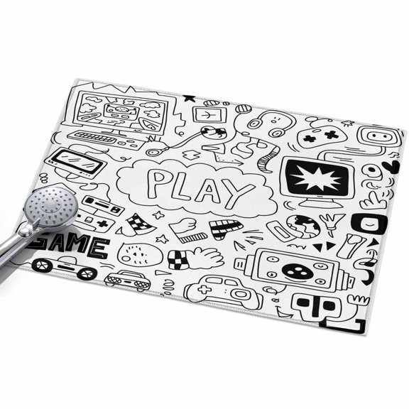 Black White Video Game Entryway Rug 2x3ft Washable Non Slip Bathroom Rug Indoor Floor Front Door Mat Console Computer Gaming Sketch Style Rectangle Area Rugs Carpet for Kitchen Office Dining Room
