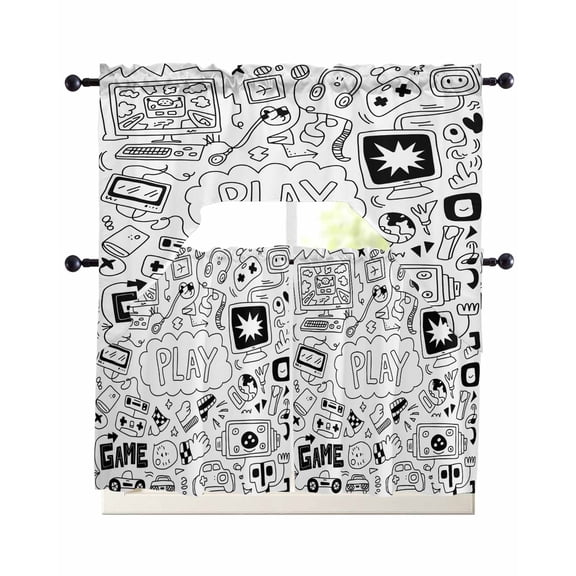 Black White Video Game Kitchen Curtains Set for Windows 3 Piece Cafe Curtains 36 Inch Length Swag Curtains Valances and Tier Set Console Computer Gaming Sketch Style Drapes for Bedroom Bathroom