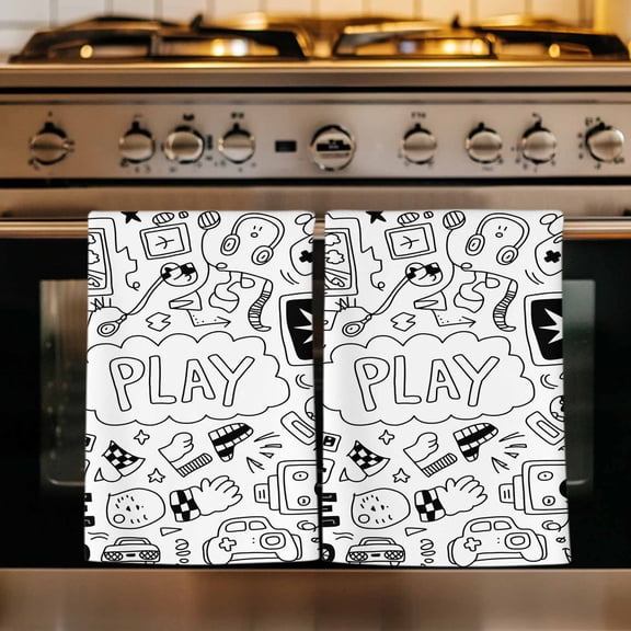 Black White Video Game Kitchen Towels Set of 1, Console Computer Gaming Sketch Style Absorbent Dish Towels for Kitchen, Microfiber Hand Towel,Quick Drying Tea Towel for Cleaning Decorative Dishcloths