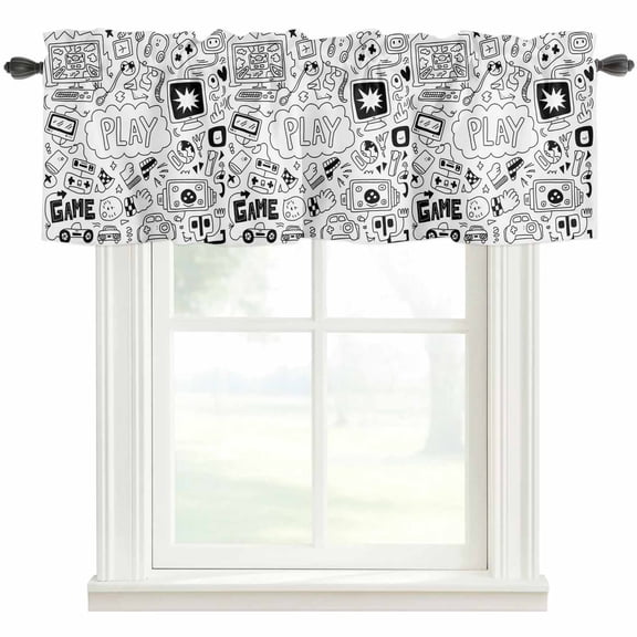 Black White Video Game Kitchen Valances for Windows, Console Computer Gaming Sketch Style Bathroom Window Valances 42x12 Inch Window Treatments Valance Curtains for Living Room Bedroom Decor