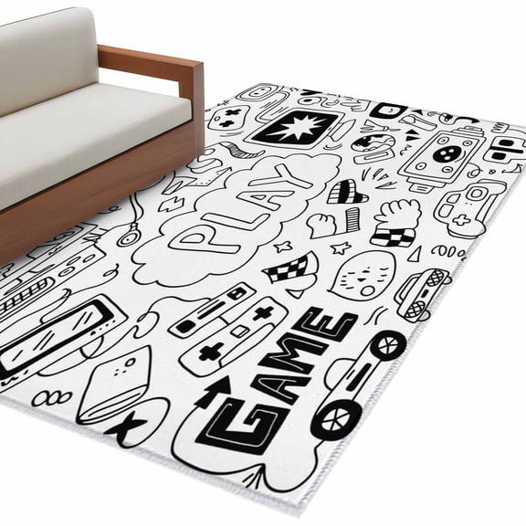 Black White Video Game Large Area Rugs for Bedroom Living Room, Soft Non Slip Carpet Bedside Rug, Console Computer Gaming Sketch Style Rectangular Floor Cover Kitchen Accent Rug 4'x6' for Office