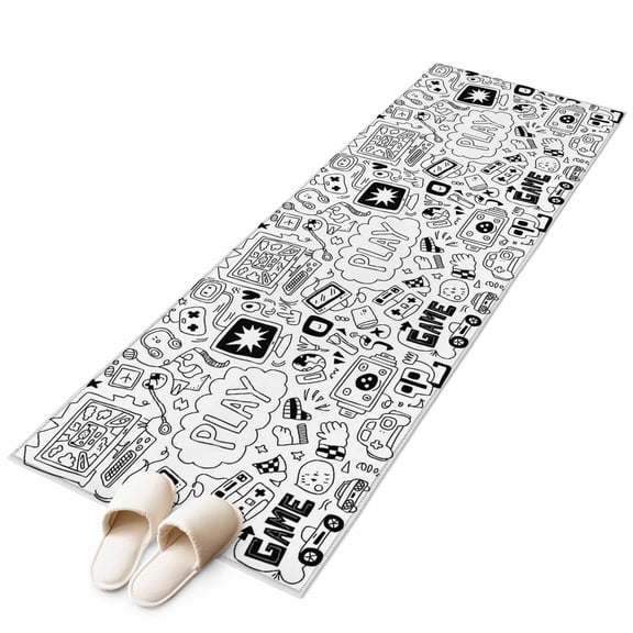 Black White Video Game Large Area Rugs for Bedroom Living Room, Soft Non Slip Carpet Bedside Rug, Console Computer Gaming Sketch Style Rectangular Floor Cover Kitchen Accent Rug 2'x6' for Office