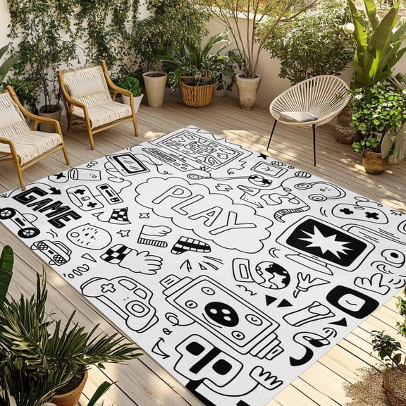 Black White Video Game Outdoor Rug 4x6 Ft - Reversible Patio Rug Outdoor Camping Rugs, Console Computer Gaming Sketch Style Indoor Outdoor Area Rugs, Non-Slip Outdoor Carpet Runner for Deck/Porch