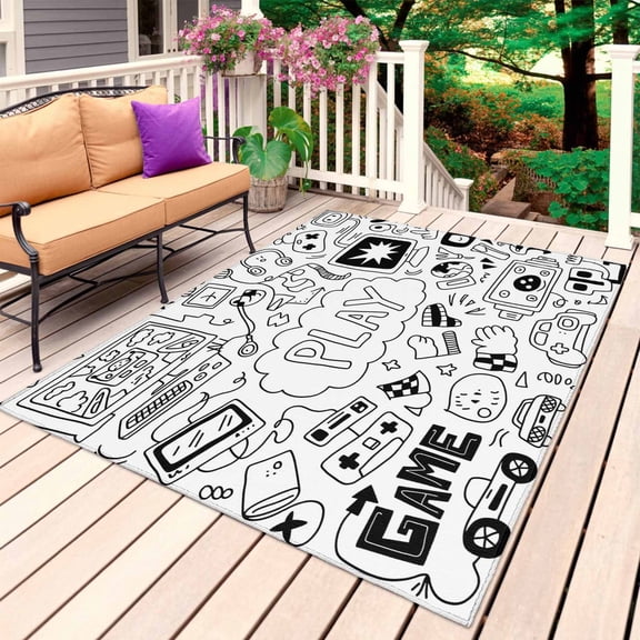 Black White Video Game Outdoor Rug for Patio/Deck/Porch, Non-Slip Large Area Rug 5 x 8 Ft, Console Computer Gaming Sketch Style Indoor Outdoor Rugs Washable Area Rugs, Camping Rug Carpet Runner