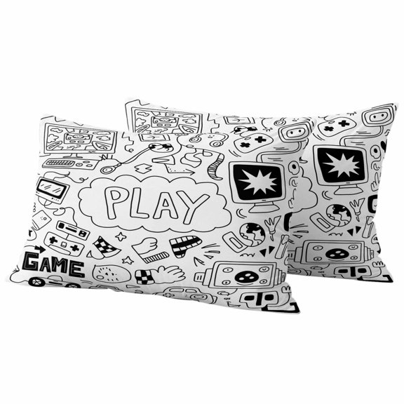 Black White Video Game Outdoor Waterproof Pillow Covers, Console Computer Gaming Sketch Style Decorative Rectangle Throw Pillowcase Sofa Cushion Sham for Patio/Couch/Chair, 20"x12" 2 Pack