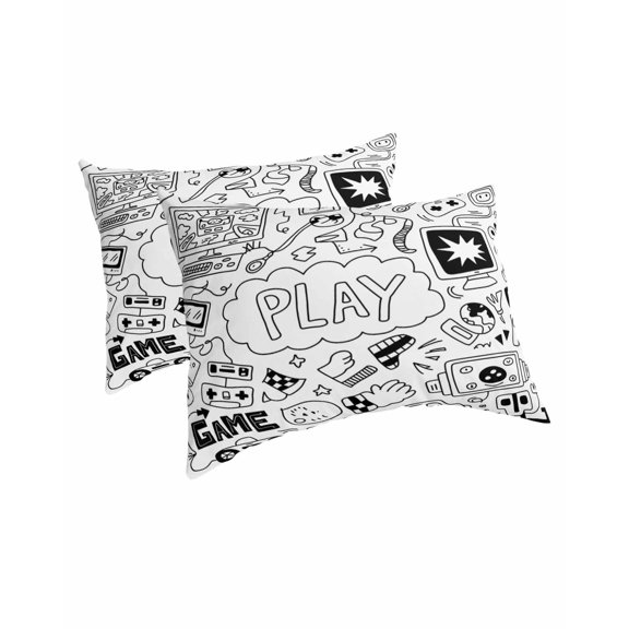 Black White Video Game Pillow Covers Standard Size 2 Pack, Console Computer Gaming Sketch Style Soft Bed Throw Pillowcases Breathable Cooling Long Lumbar Body Pillow Sham Cover for Bed Sofa 20''x26''
