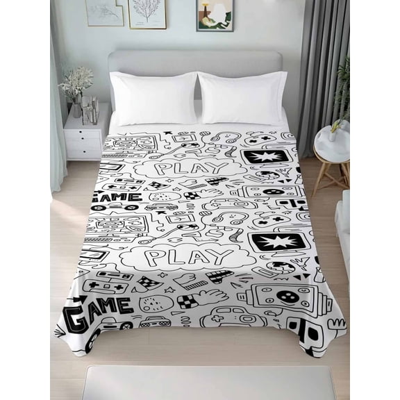 Black White Video Game Queen Size Flat Sheet, Wrinkleproof & Fadeproof Cooling Flat Bed Sheet Only, Console Computer Gaming Sketch Style Breathable Soft Bedding Top Sheets 90 x 102 Inches