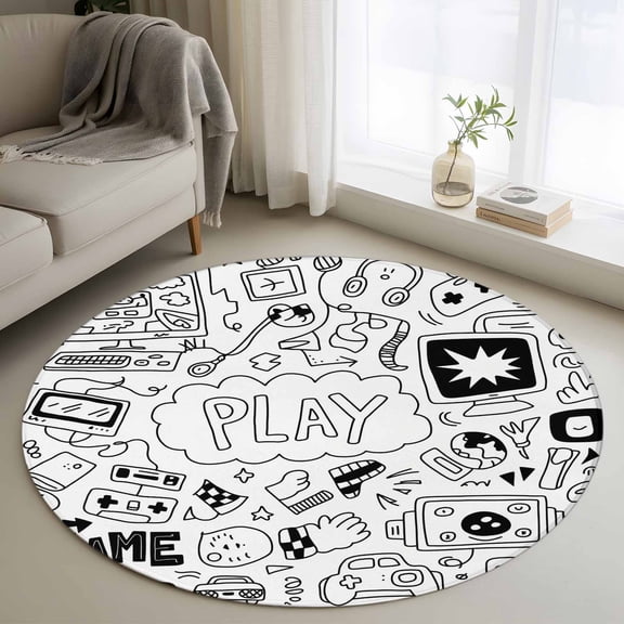 Black White Video Game Round Area Rug 3.3 FT,Non Slip Small Entryway Kitchen Mat,Console Computer Gaming Sketch Style Washable Soft Circular Rug Non-Shedding Door Mat for Bathroom Playroom Kids Room