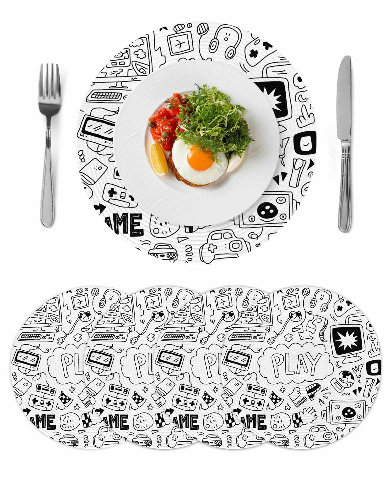 Computer Placemat Black White Video Game Round Placemats Set of 4 for Dinning Tables,Heat ...
