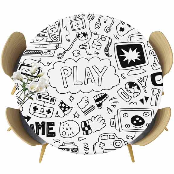 Black White Video Game Round Tablecloth, Fitted Table Cover with Elastic for 36"-44" Round Tables, Console Computer Gaming Sketch Style Table Cloth Outdoor Indoor Dinning Party Waterproof Tablecloths