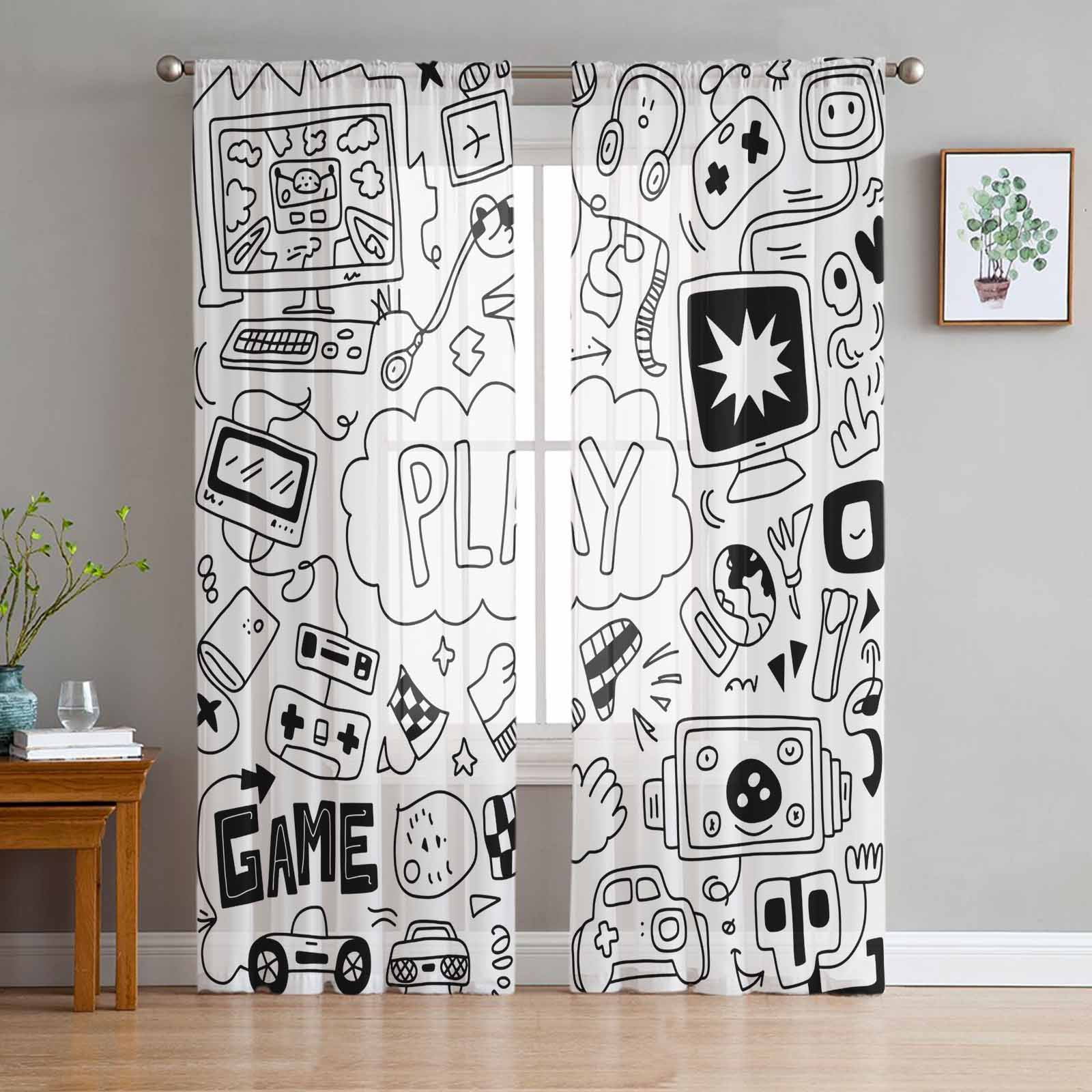 Black White Video Game Sheer Curtains 84 Inches Long 2 Panels Set ...