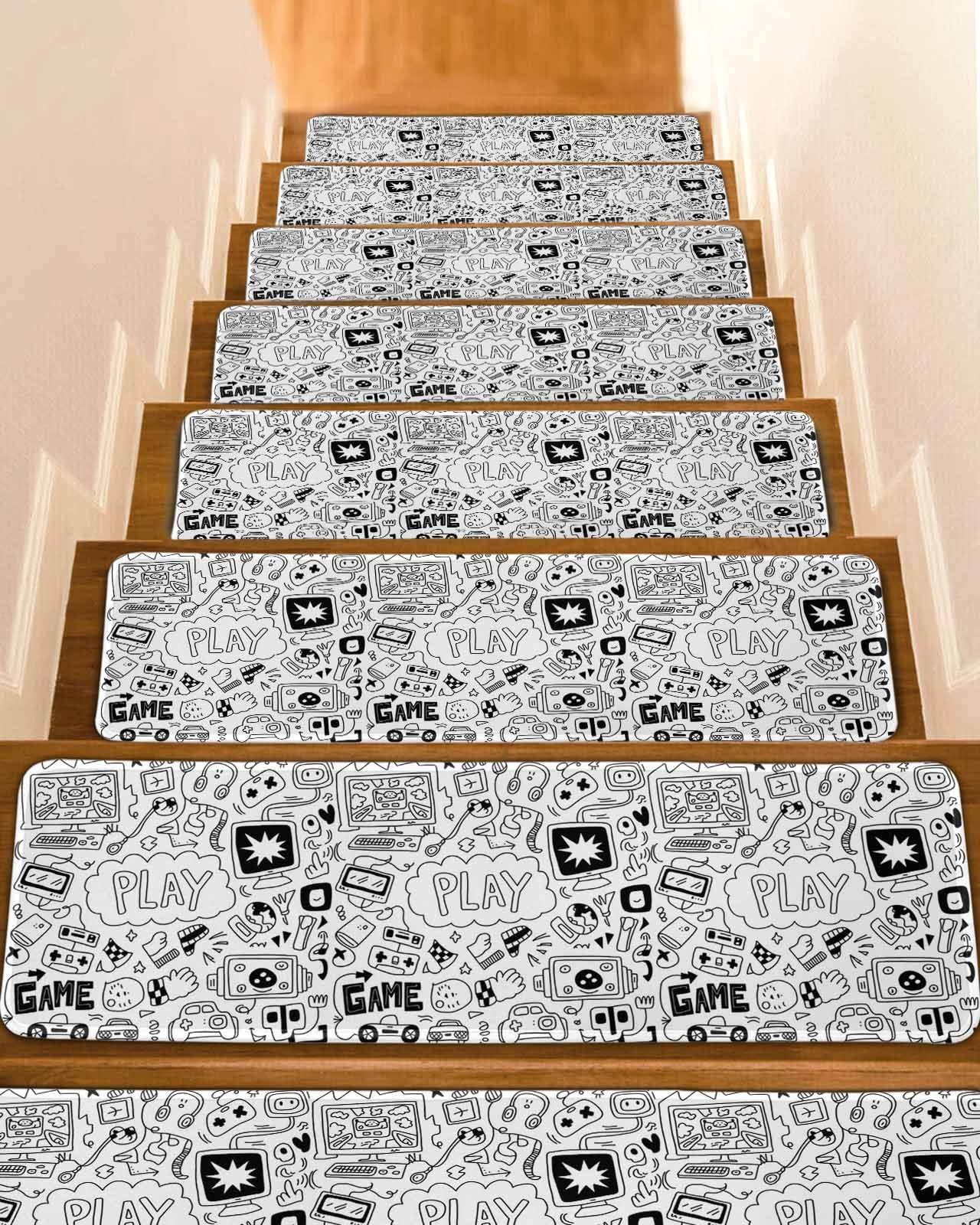 Black White Video Game Stair Treads for Wooden Steps Indoor Runner Rug ...