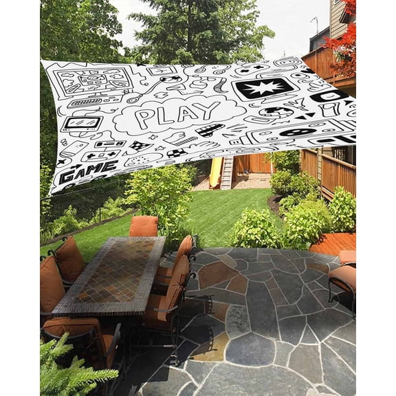 Black White Video Game Sun Sail Shades Rectangle Canopy,Sunlight Block Heavy Duty Curved Backyard Shade Cover,Console Computer Gaming Sketch Style Waterproof Sun Shades for Patios Garden 8'x10'