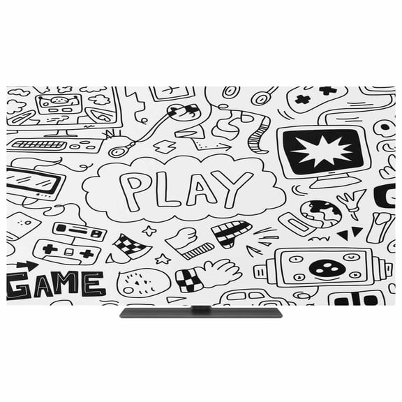 Black White Video Game TV Dust Cover,Stretchable TV Screen Desktop Computer Protector Cover,Console Computer Gaming Sketch Style Television Dustproof Slipcover for 19–24 Inch Flat or Curved TVs