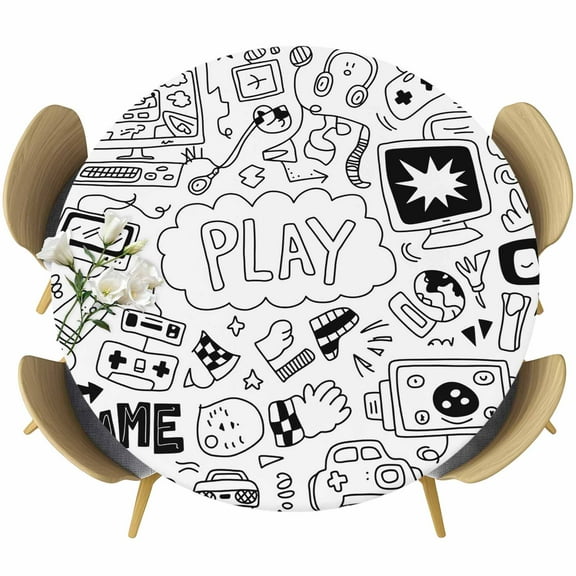 Black White Video Game Table Cloth, Round Fitted Tablecloths with Elastic Edge, Console Computer Gaming Sketch Style Wipeable Waterproof Table Cover for Kitchen Wedding 36-44 Inches