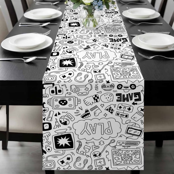 Black White Video Game Table Runner 72 Inches Long, Console Computer Gaming Sketch Style Kitchen Coffee Dining Table Decoration for Home Party Birthday Wedding Home Decor 16x72 Inches