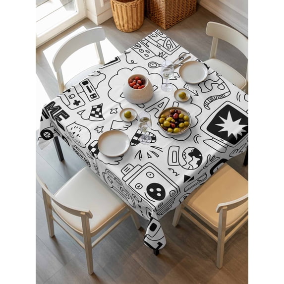 Black White Video Game Tablecloth Square Table Cloth 60x60, Waterproof Tablecloth Outdoor Table Cloth, Console Computer Gaming Sketch Style Washable Table Cover for Kitchen Dinning Party