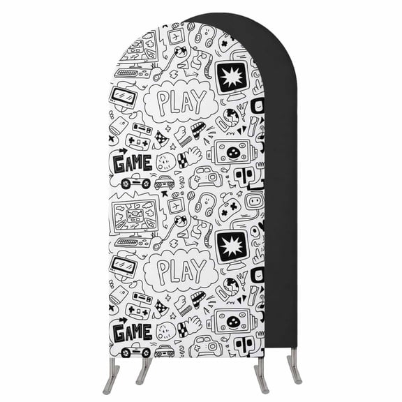 Black White Video Game Wedding Arch Cover,Stretchy Spandex Arch Backdrop Stand Covers 4 FT,Console Computer Gaming Sketch Style Round Top Arched Backdrop Cover for Birthday Party Ceremony Baby Shower