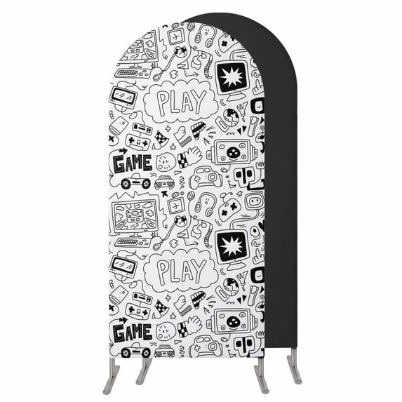 Black White Video Game Wedding Arch Cover,Stretchy Spandex Arch Backdrop Stand Covers 4 FT,Console Computer Gaming Sketch Style Round Top Arched Backdrop Cover for Birthday Party Ceremony Baby Shower