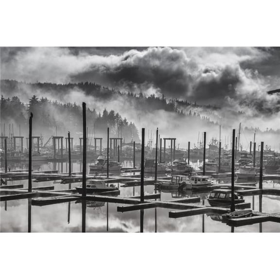 Black & White View of Fog & Mist Lifting Over Auke Bay Harbor Juneau Southeast Alaska Poster Print - 38 x 24 in. - Large