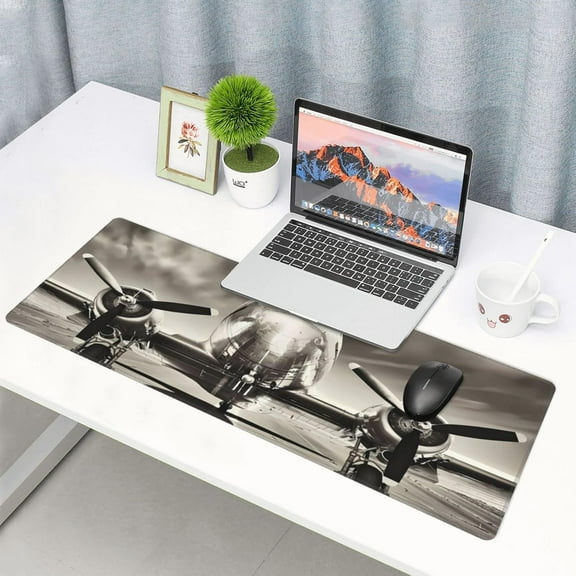 Black and White Vintage Airplane Large Mouse Pad, Extended XXL Gaming Mouse Pad 31.5x11.8 Inch, Waterproof Desk Mat with Stitched Edge, Non-Slip Keyboard Mousepad for Office & Home