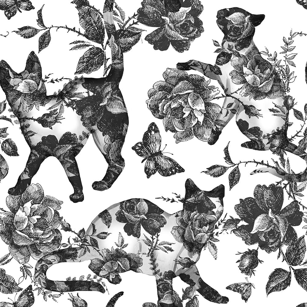 Black White Vintage Floral Cat Animals Butterfly Peel and Stick Wallpaper Self Adhesive Removable Easy Peel Off Contact Paper Stick on Wall Paper for Bedroom Cabinet Renter Friendly