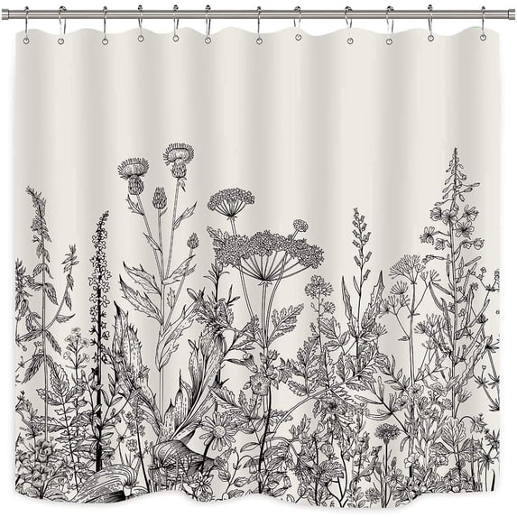 Black and White Vintage Floral Shower Curtain 72 x 72 Inch, Botanical Flower Shower Curtain for Bathroom Decor, Wildflower Fabric Shower Curtains with 12 Hooks